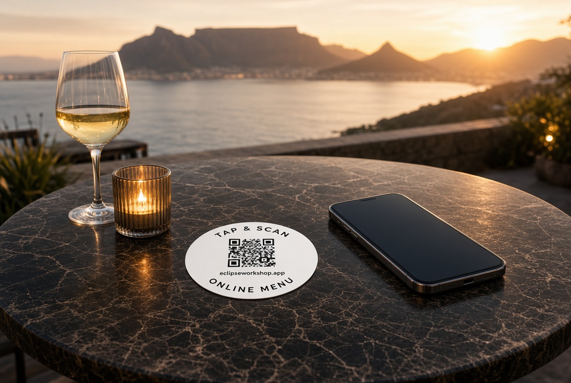 A Tap Tables menu disc on a Cape Town table at sunset, with a glass of wine, a candle and a phone